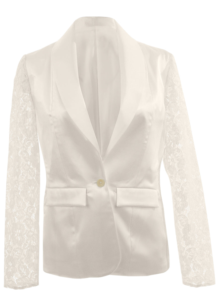 Lace Sleeve Tuxedo Blazer - Off White