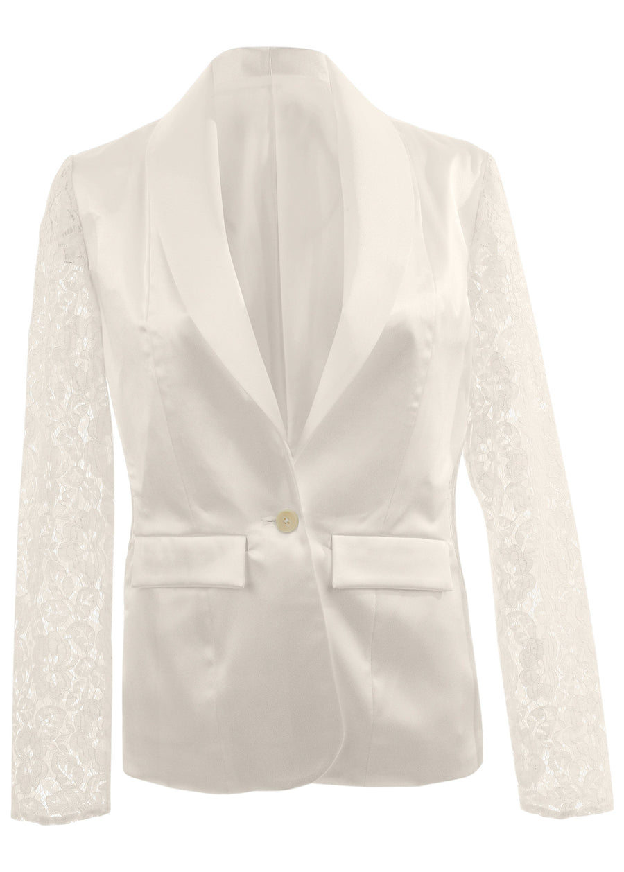 Lace Sleeve Tuxedo Blazer - Off White