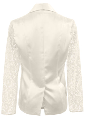 Lace Sleeve Tuxedo Blazer - Off White - thumbnail-6