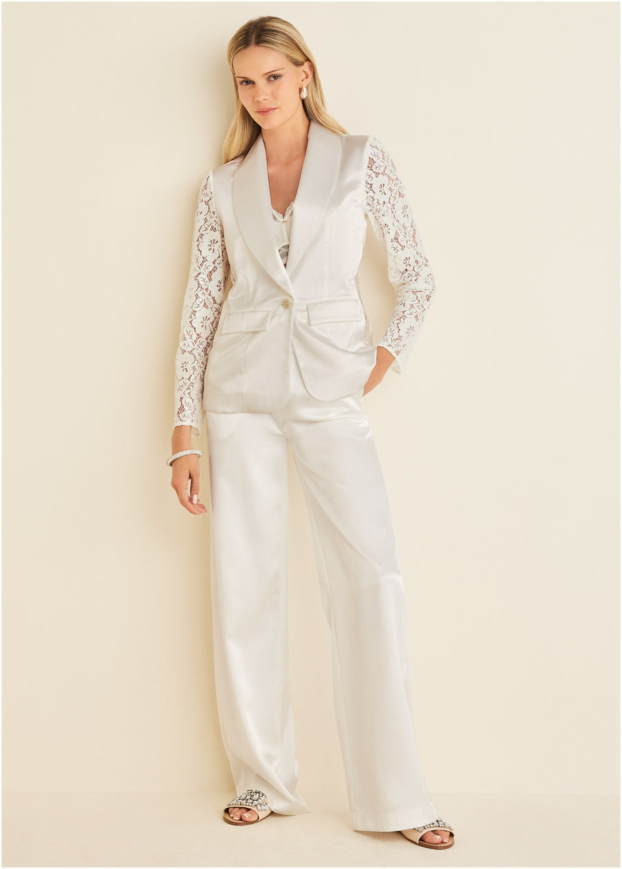 Lace Sleeve Tuxedo Blazer - Off White