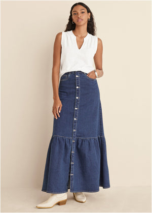 Denim Button Down Skirt - Dark Wash – VENUS