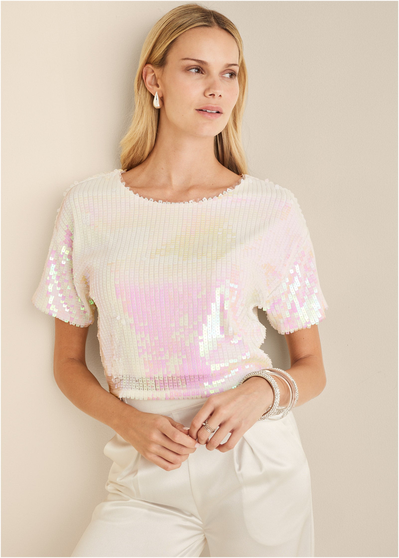 Stretch Sequin Top - Pearl White – VENUS
