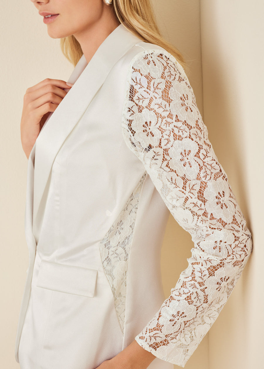 Lace Sleeve Tuxedo Blazer - Off White