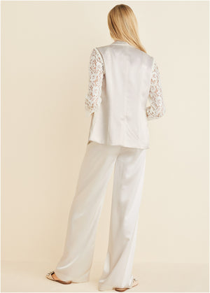 Lace Sleeve Tuxedo Blazer - Off White - thumbnail-2