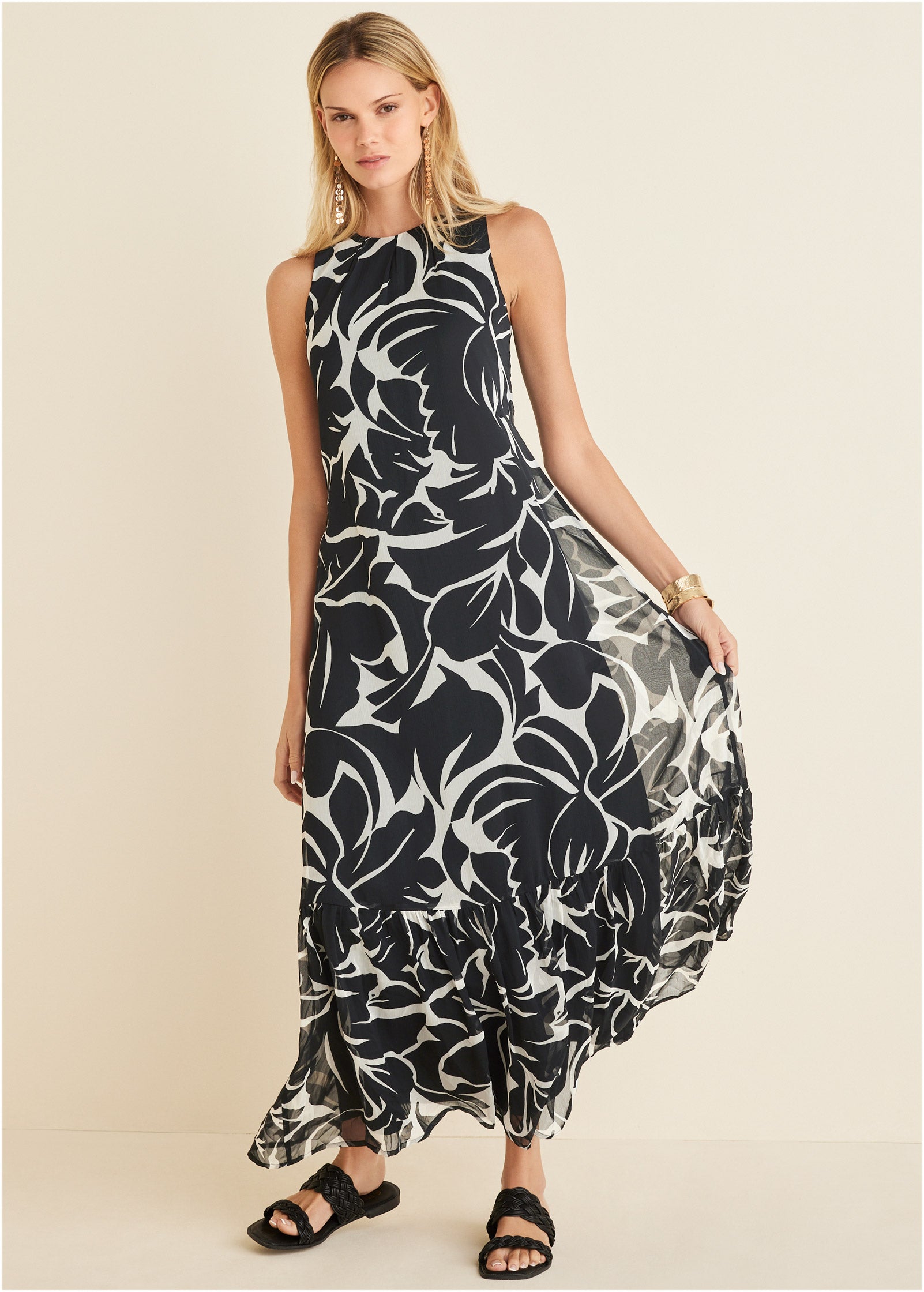 Ruffle Hem Maxi Dress - Woodcut Botanical – VENUS