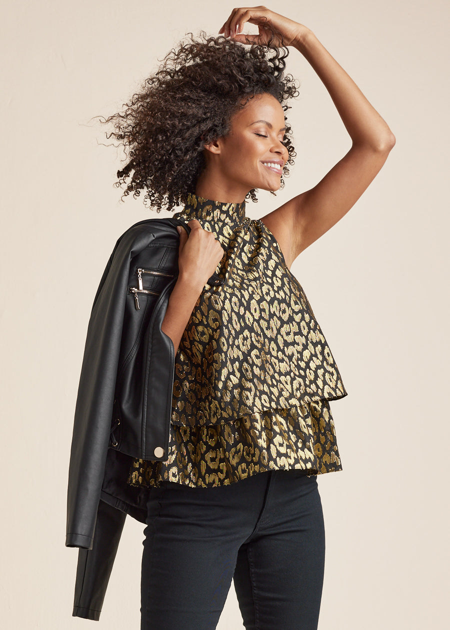 Tiered Hem Mock Neck Top - Black Multi