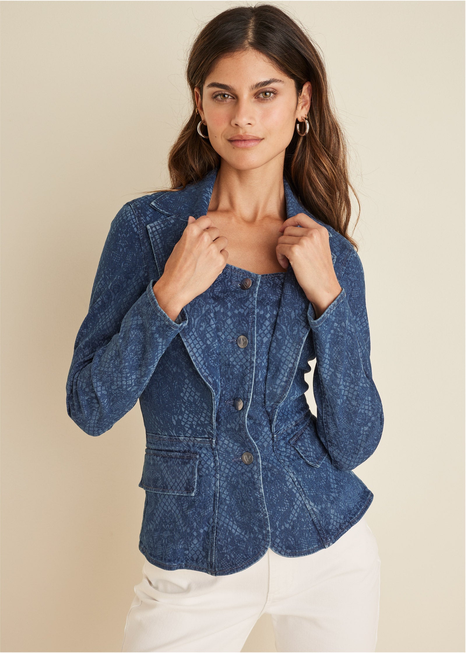 Lace Print Denim Blazer - Medium Wash – VENUS