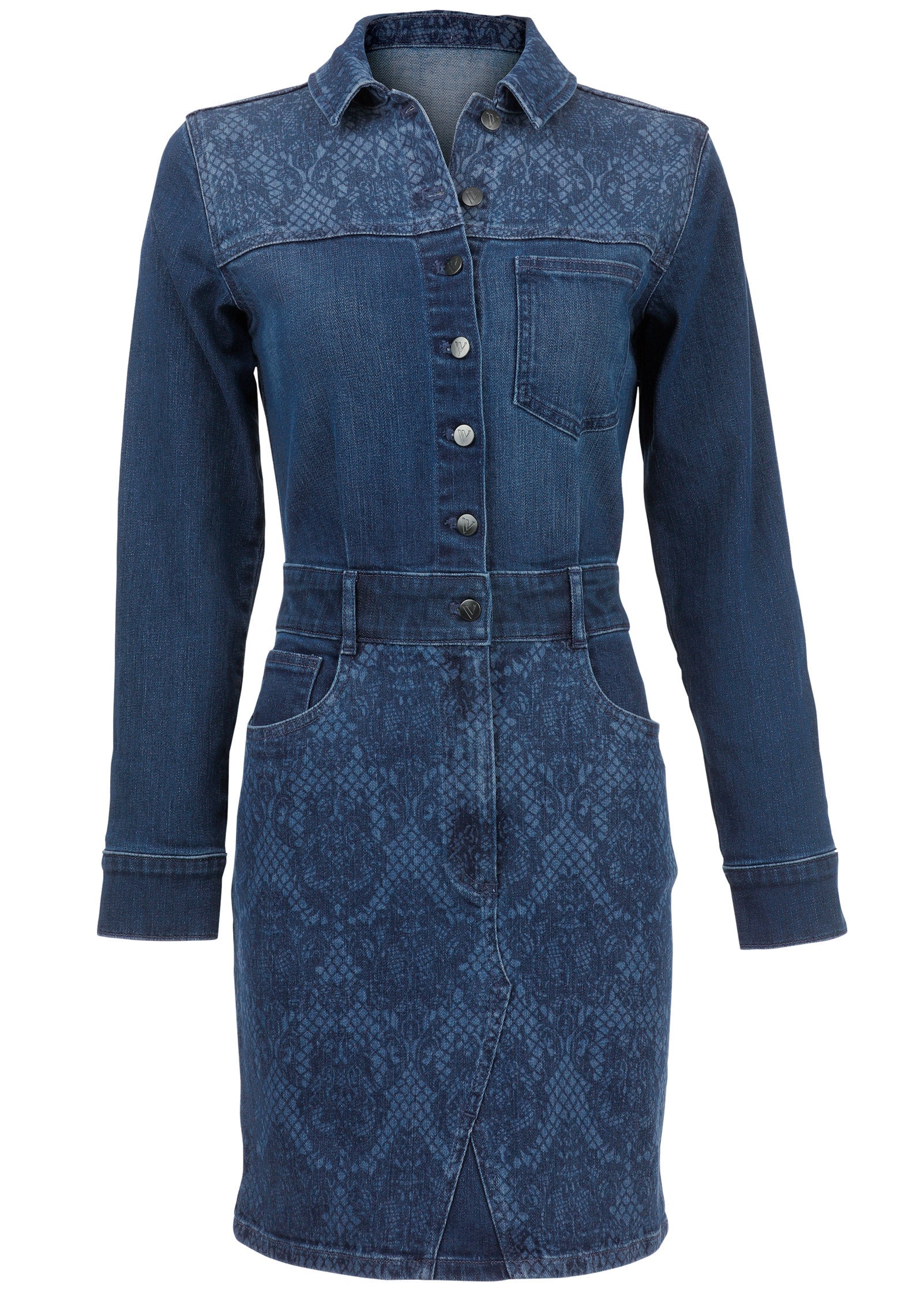 Lace Print Denim Mini Dress - Medium Wash – VENUS