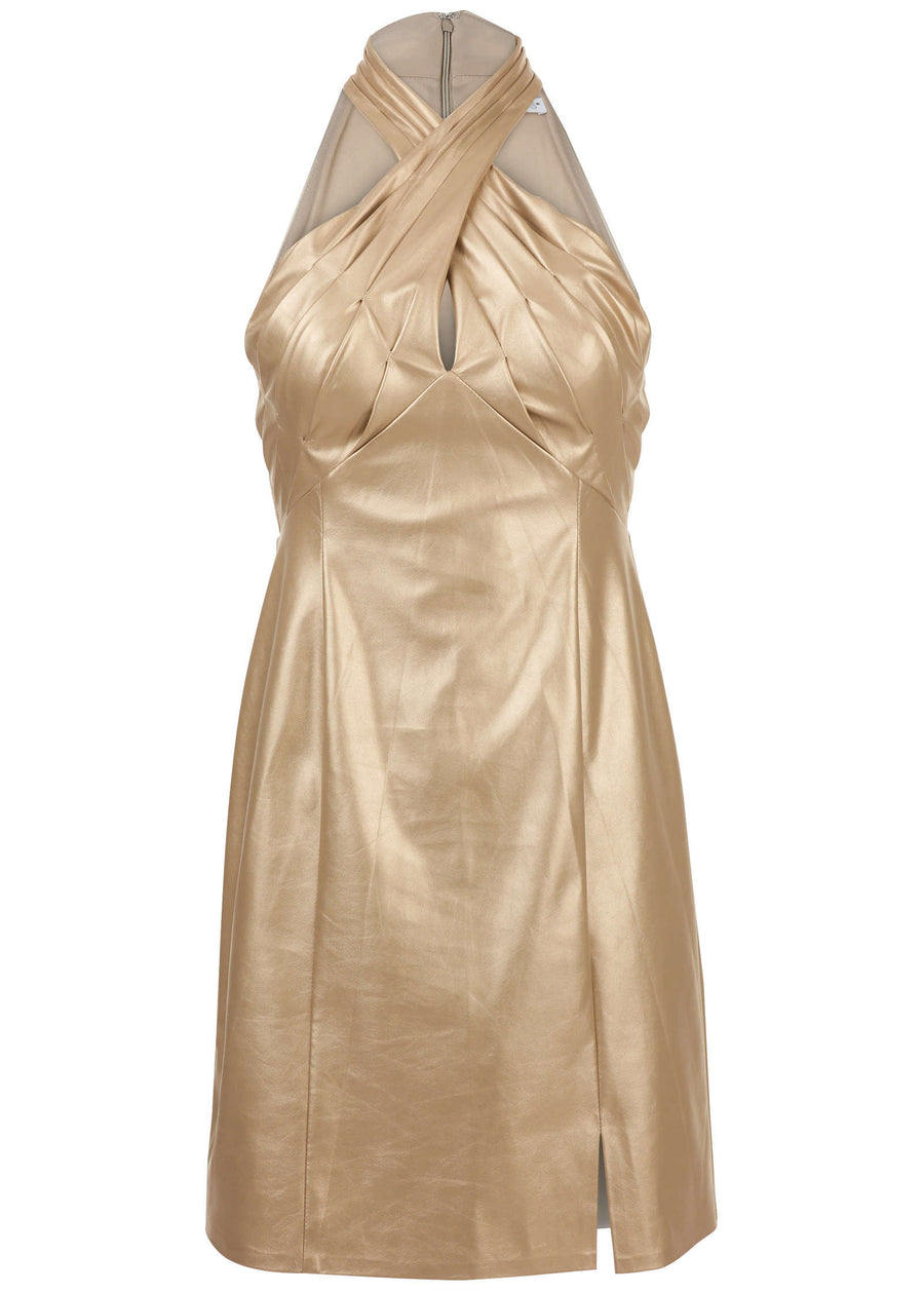 Faux Leather Mini Dress - Gold Metallic
