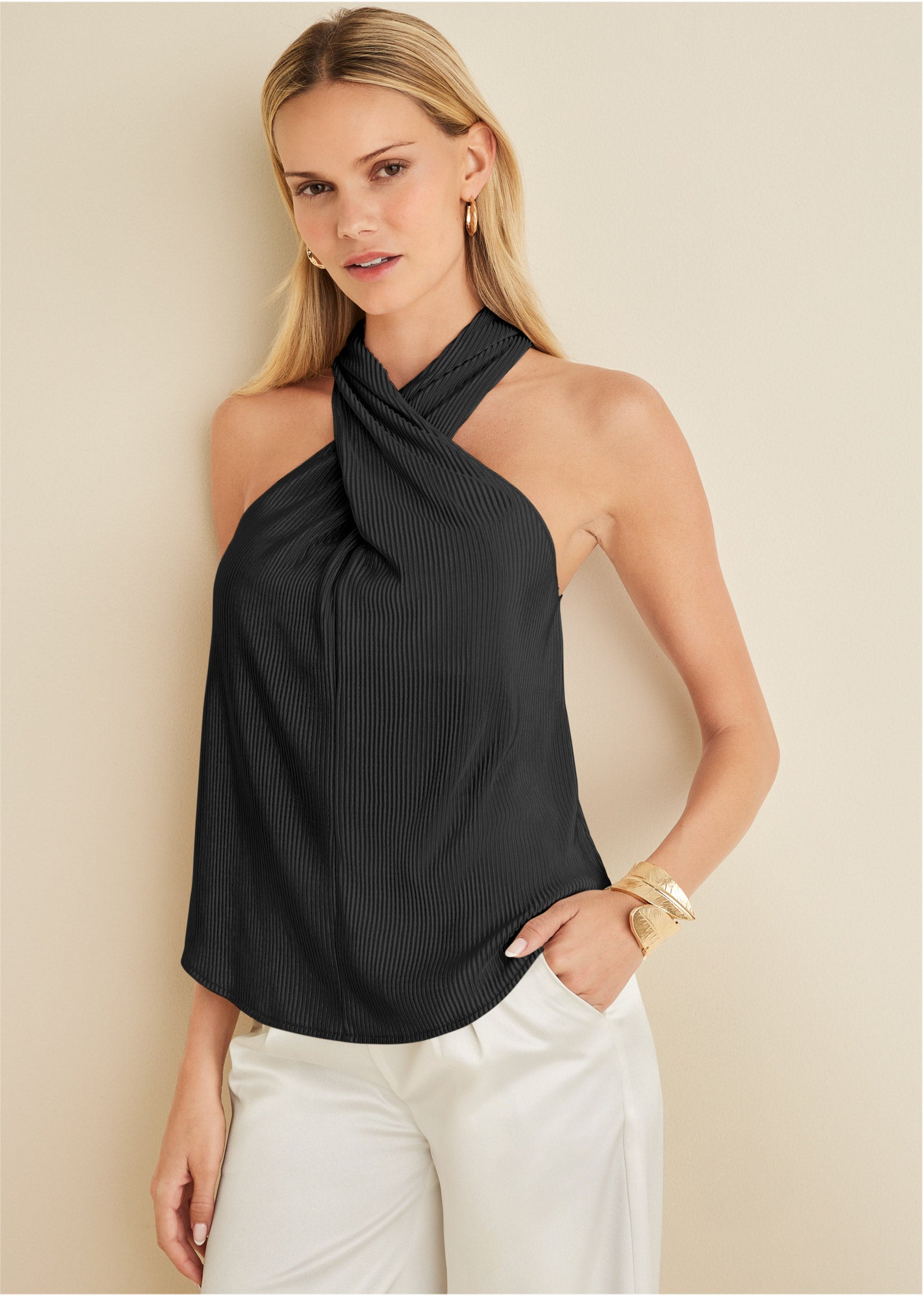 Plisse Cross Neck Tank - Jet Black