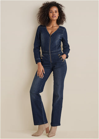 Zip Front Denim Jumpsuit - Dark Wash – VENUS