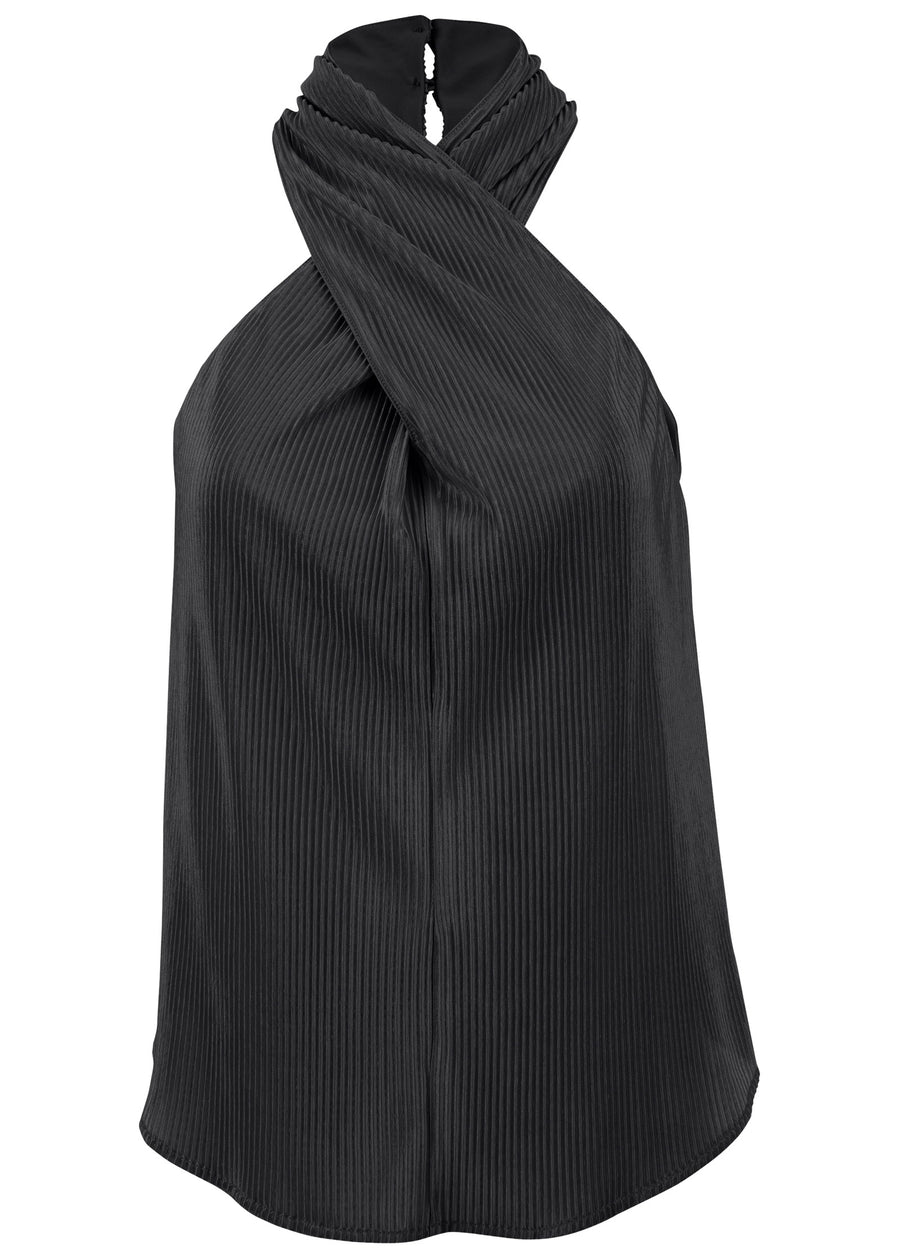 Plisse Cross Neck Tank - Jet Black
