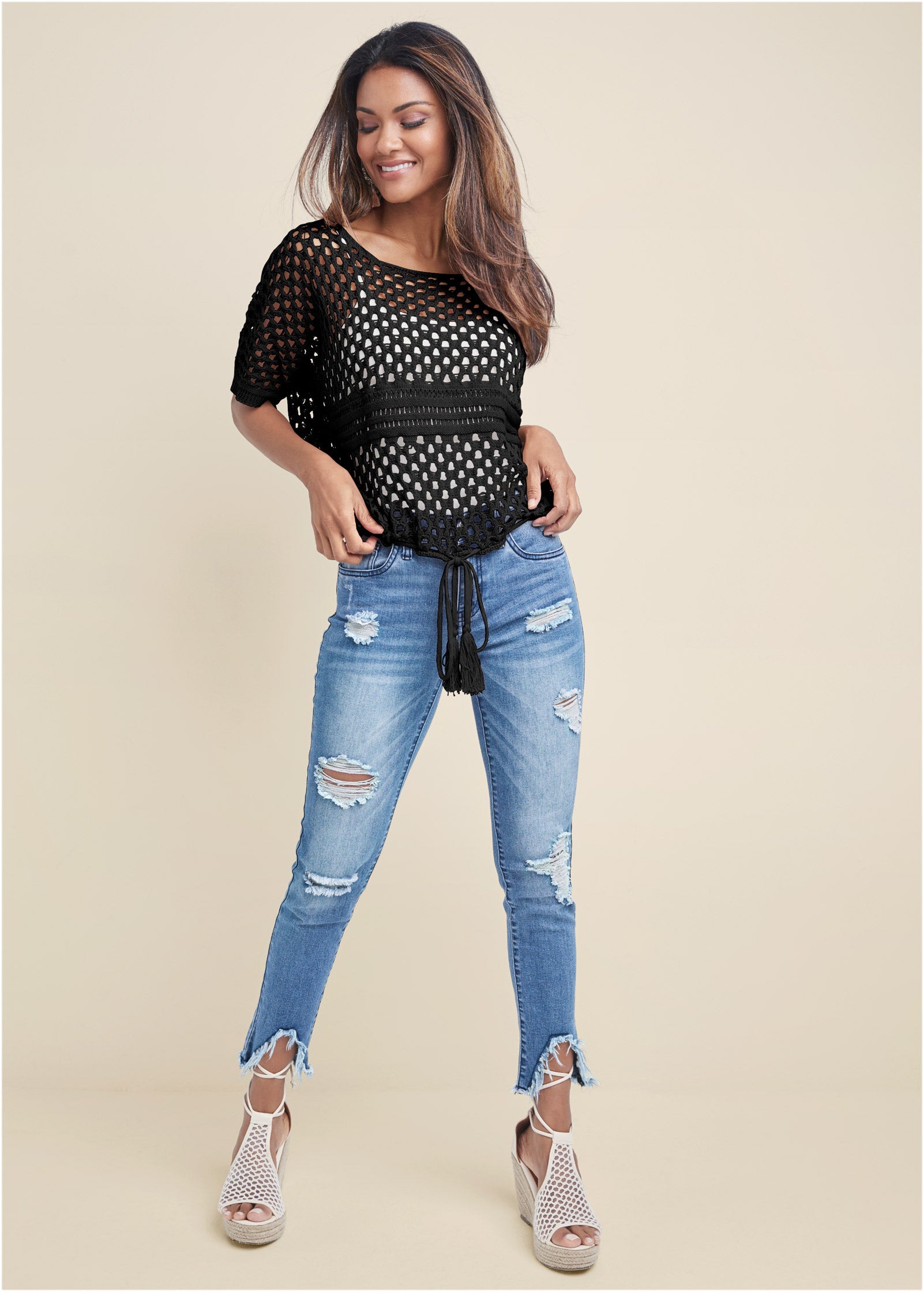 Venus Cotton Open Knit Sweater Black – VENUS