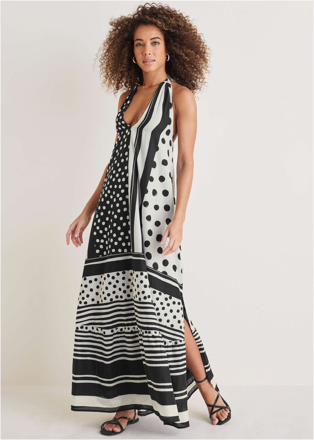 deep v halter dress VENUS Maxi | Modern Dot Stripe birthday sparkle outfit Off-shoulder Glittery Navy Blue stopping dress Women's Size:Euro 35.5 = US 5.5
