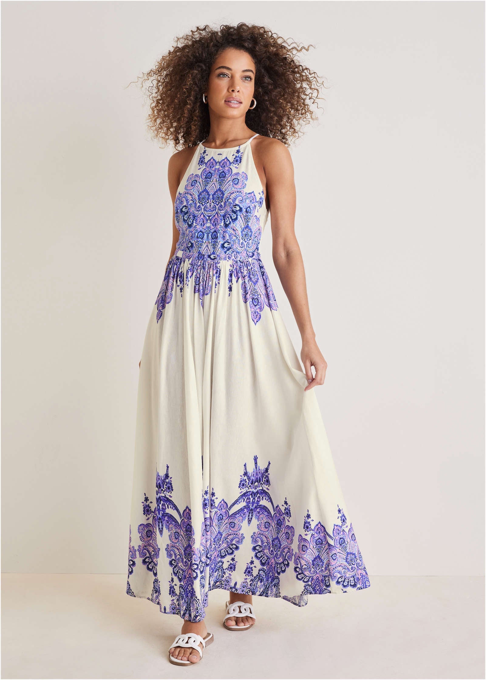 VENUS Printed Linen Maxi Dress | Purple Paisley Border