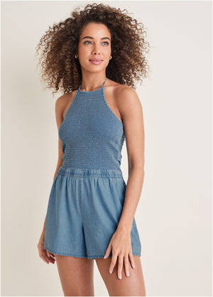 Smocked Chambray Romper - Medium Wash - thumbnail-1