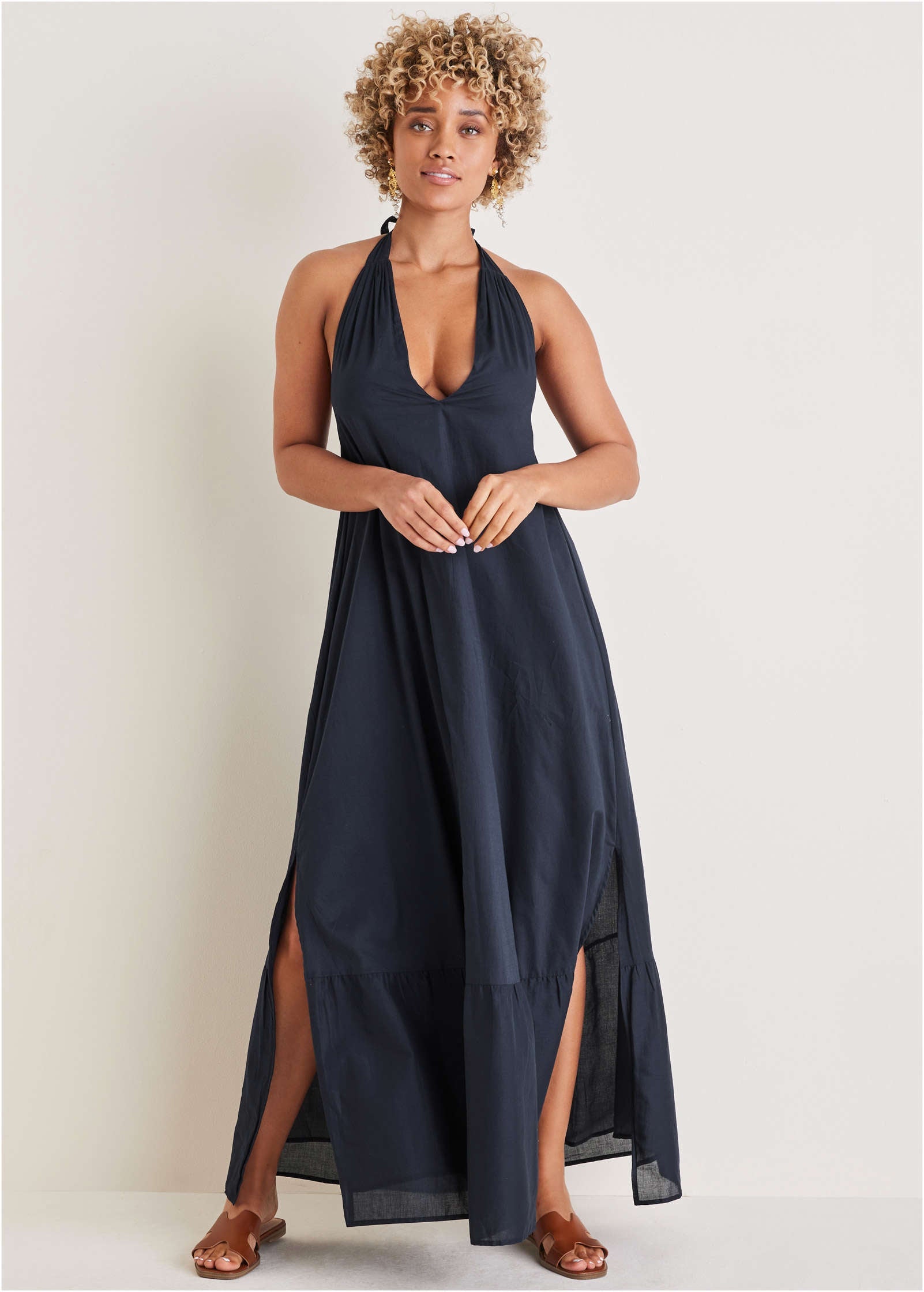 VENUS Deep V Halter Maxi Dress | Navy
