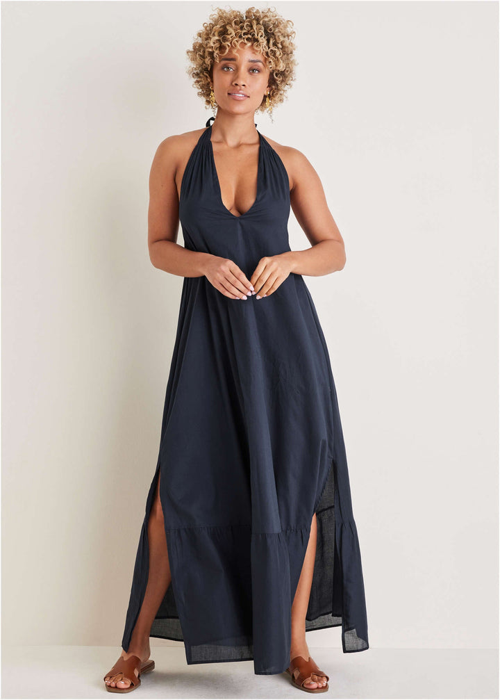 VENUS Deep V Halter Maxi Dress | Navy