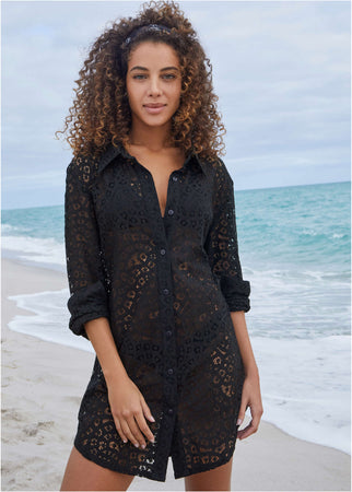 Lace Cover-Up Button Down - Jet Black