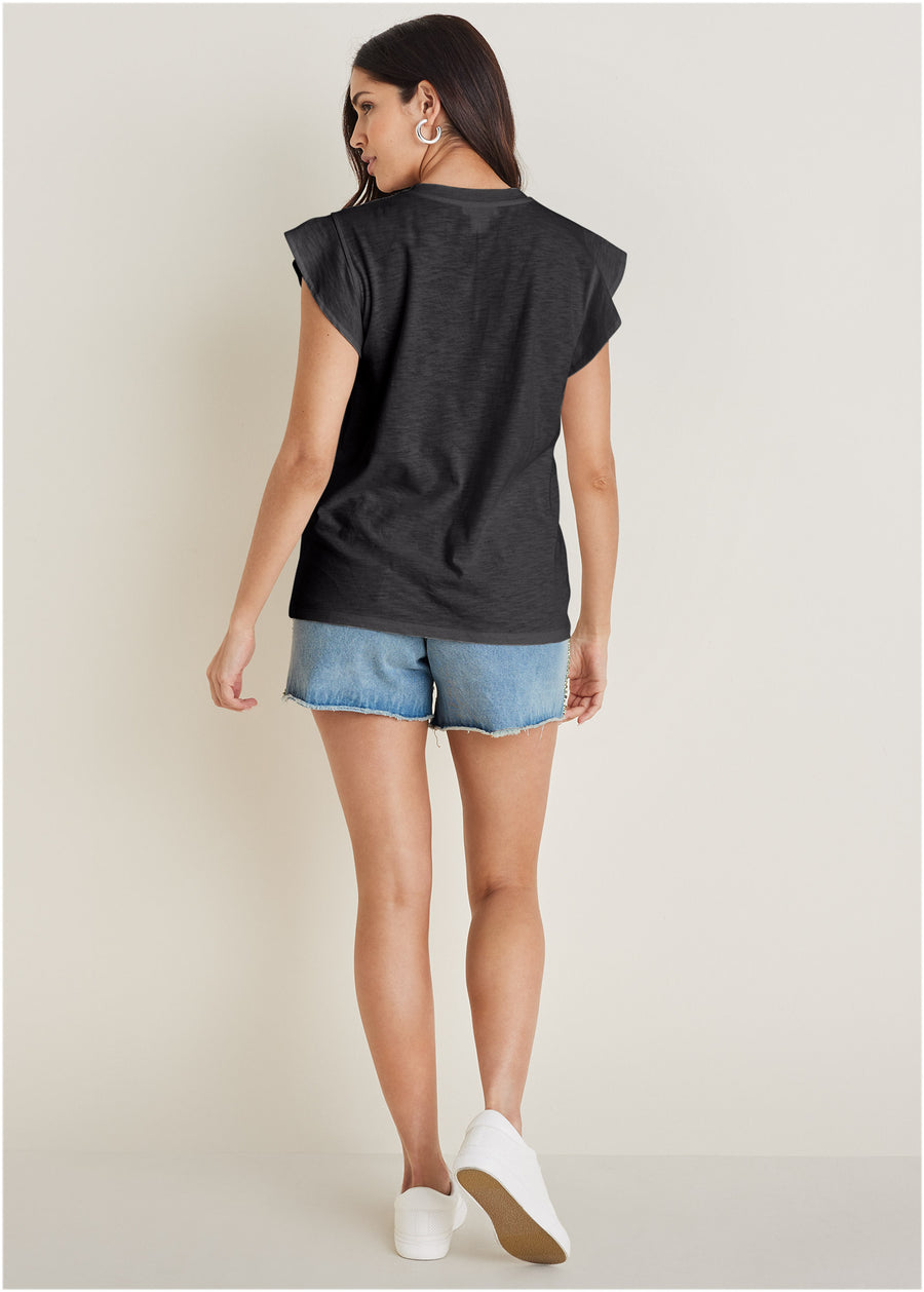 Ruffle Sleeve Tee - Jet Black