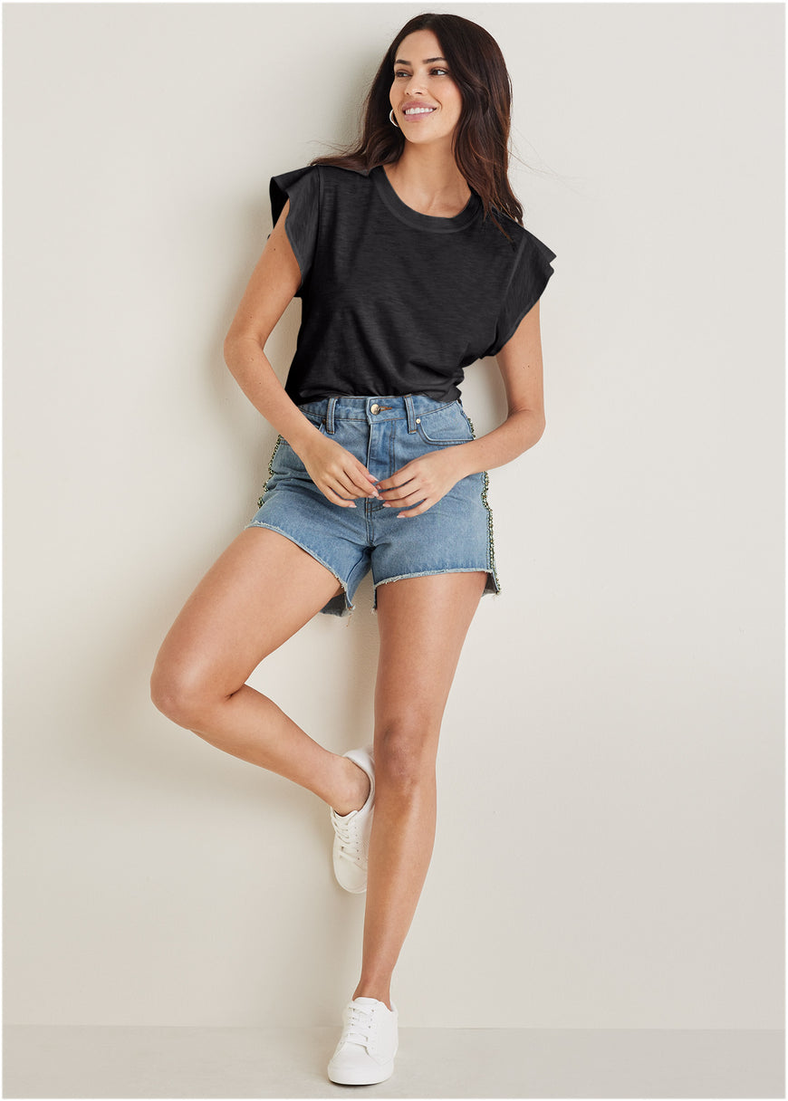 Ruffle Sleeve Tee - Jet Black