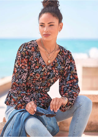 V Neck Peplum Blouse Multi