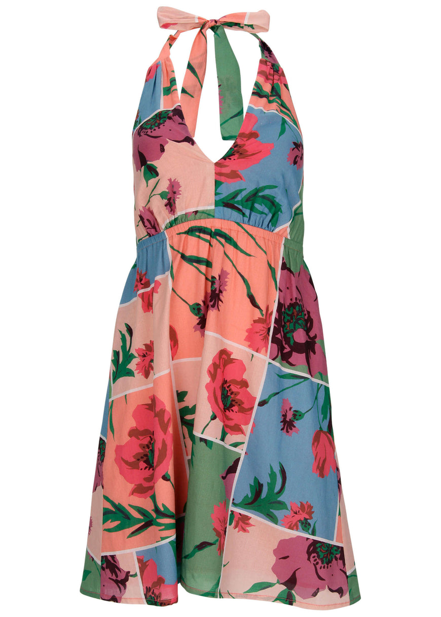 Halter Mini Dress - Patchwork Bouquet