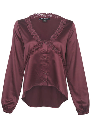 Lace Cold Shoulder Blouse - Wine - thumbnail-5