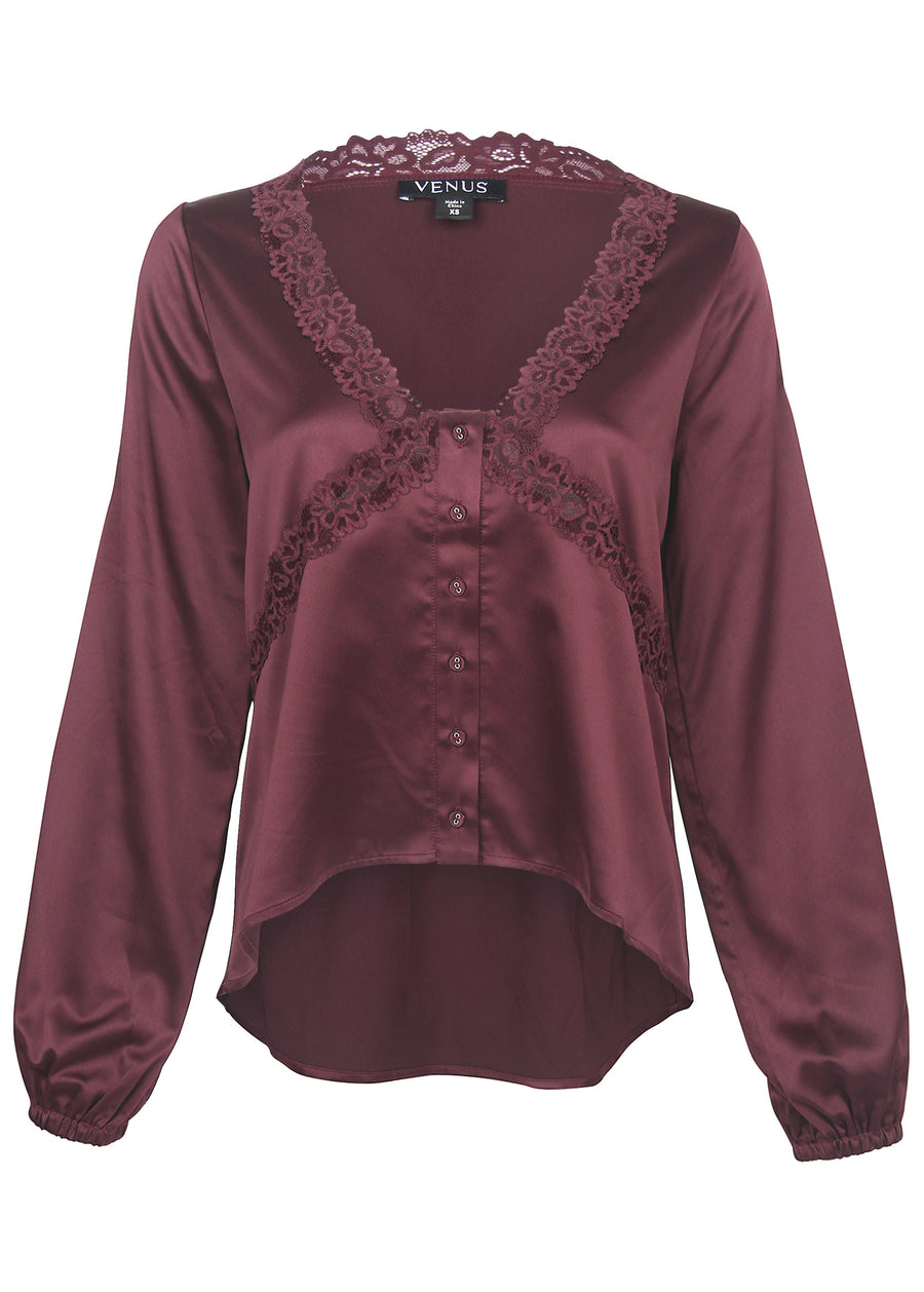 Lace Cold Shoulder Blouse - Wine