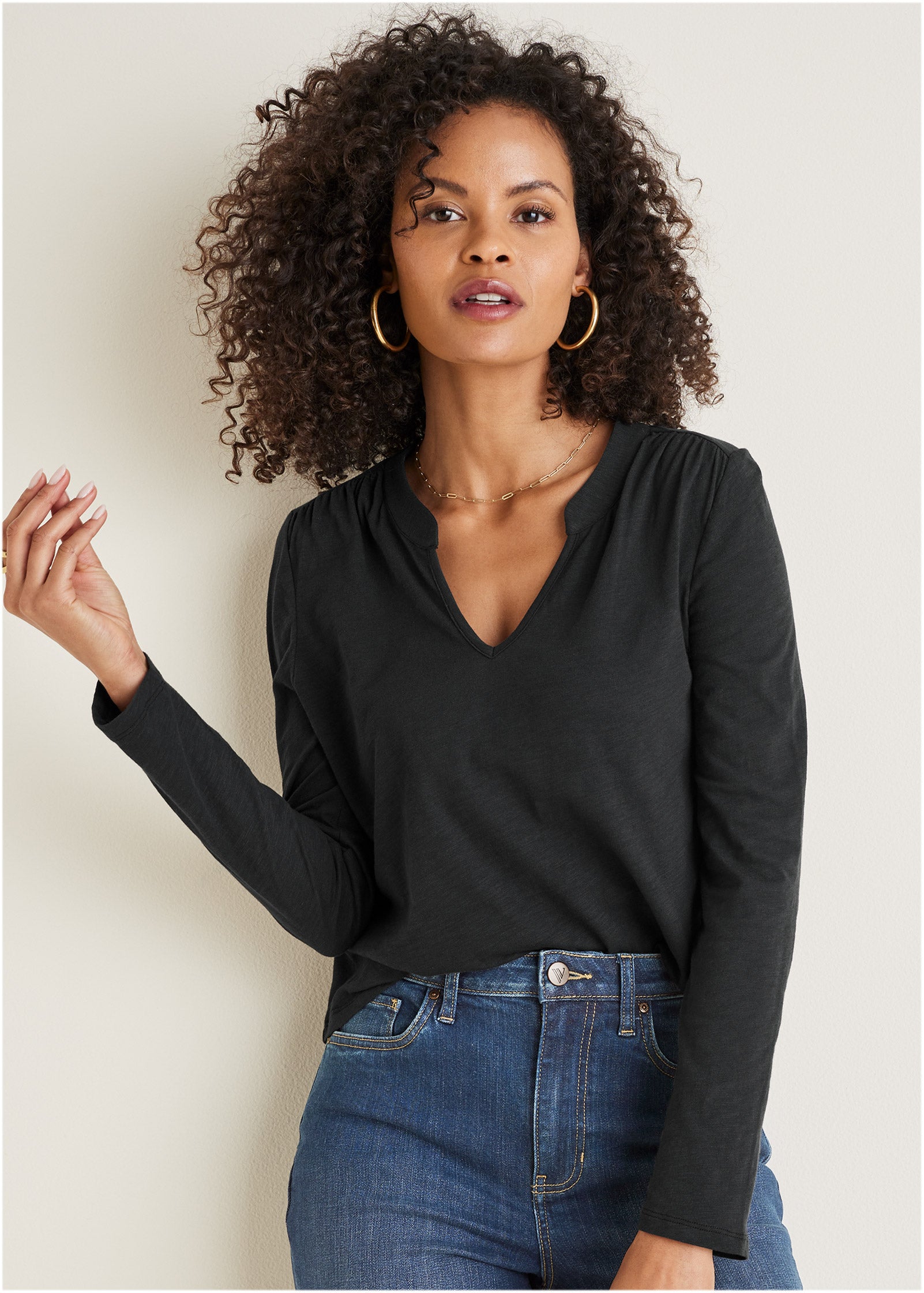V-Neck Shirred Long Sleeve Top - Jet Black