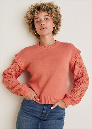 Pointelle Sleeve Crew Neck Burnt