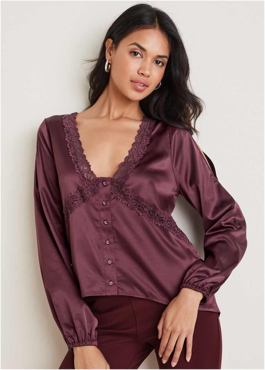 Lace Cold Shoulder Blouse - Wine