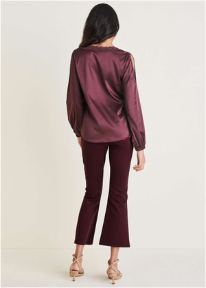 Lace Cold Shoulder Blouse - Wine - thumbnail-2