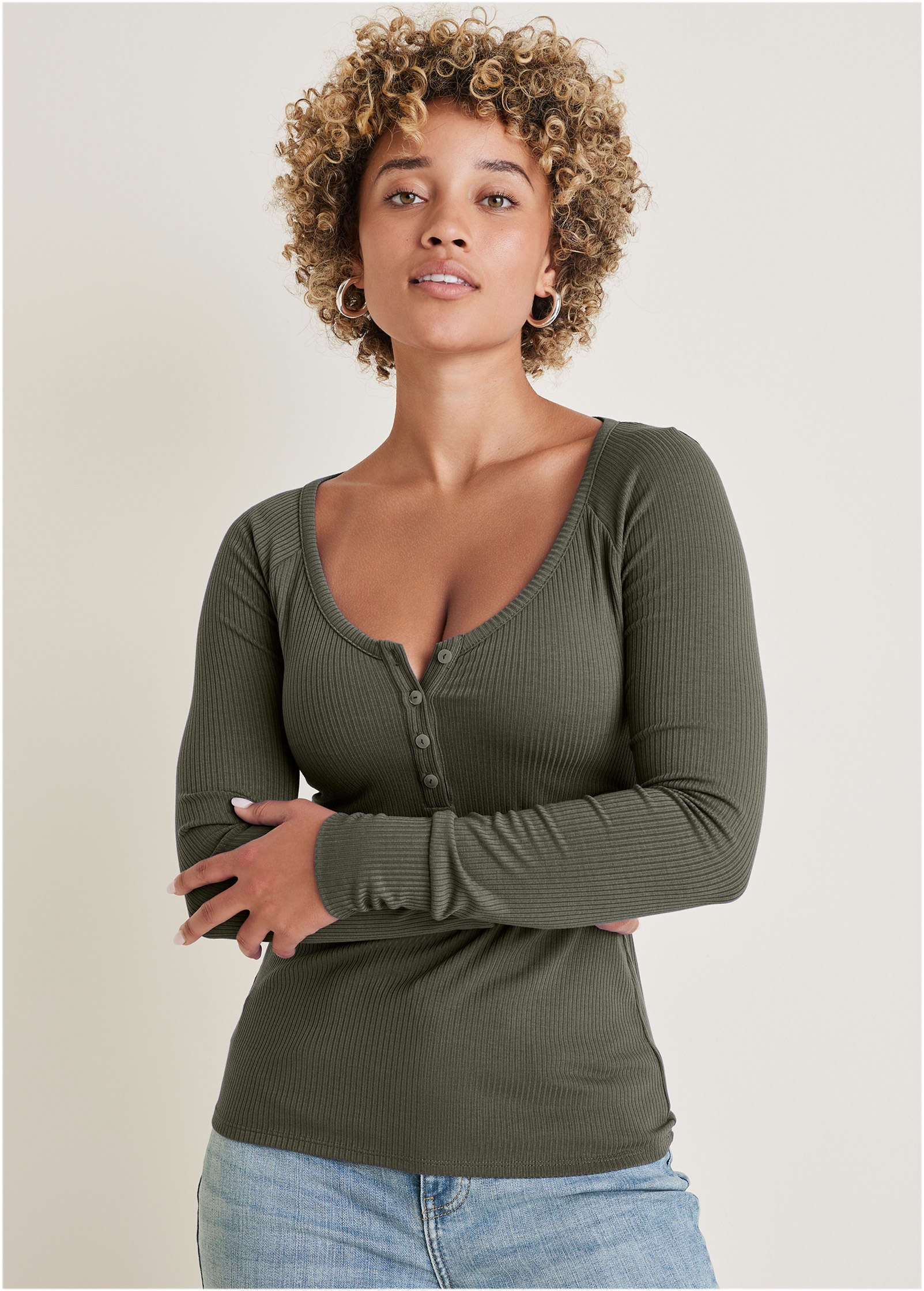 Long Sleeve Henley Tee - Olive