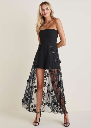 Sequin Applique Overlay Romper - Jet Black - thumbnail-2