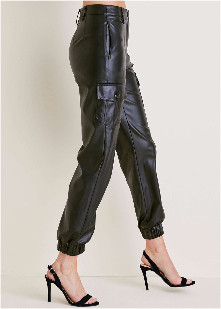 Faux Leather Cargo Pants - Jet Black