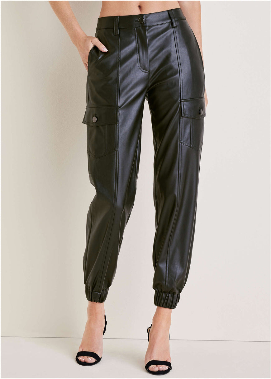 Faux Leather Cargo Pants - Jet Black