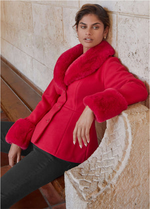 Faux Fur Trim Jacket - Barberry - thumbnail-1