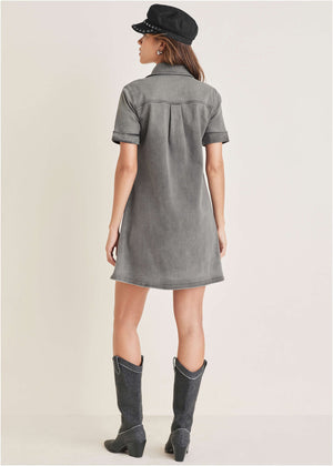 Denim Mini Dress - Grey Wash - thumbnail-2