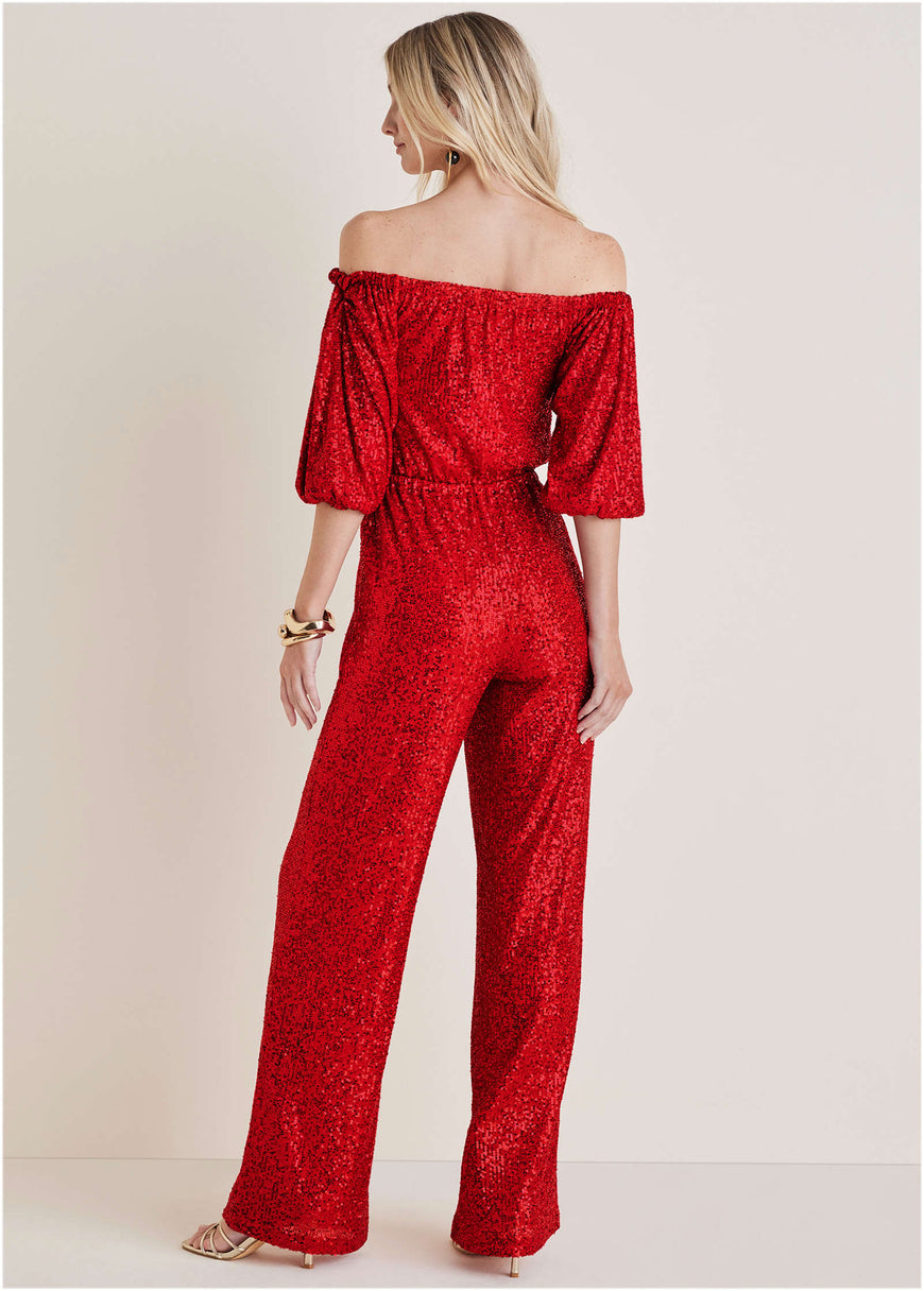 Off-Shoulder Sequin Jumpsuit - Goji Berry