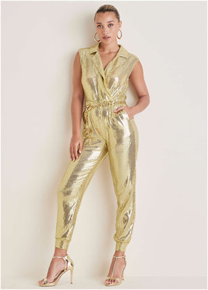 Sleeveless Sequin Jogger Jumpsuit - Gold - thumbnail-3