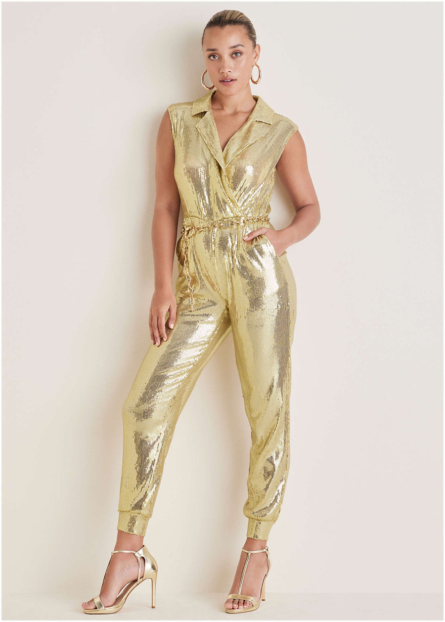 Sleeveless Sequin Jogger Jumpsuit - Gold