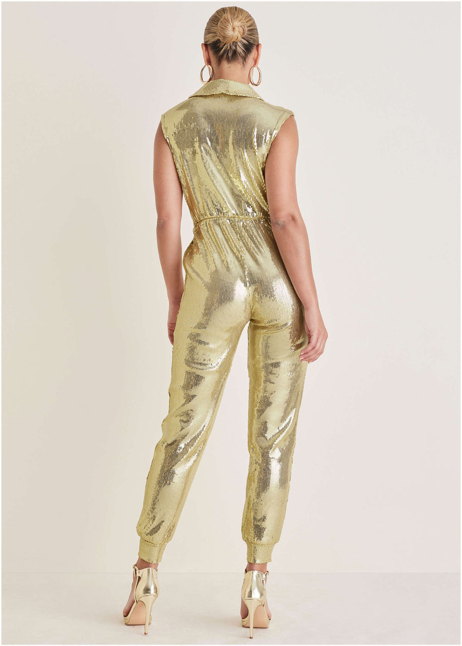 Sleeveless Sequin Jogger Jumpsuit - Gold