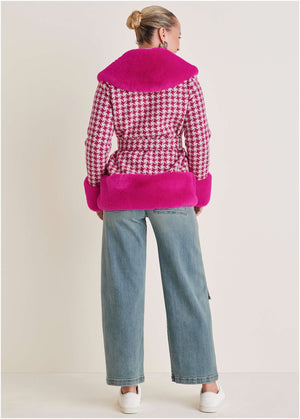 Printed Fur Trim Coat - Pink & White - thumbnail-2