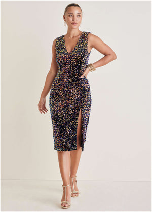 Plunge Sequin Midi Dress - Fantasy Sequins - thumbnail-2