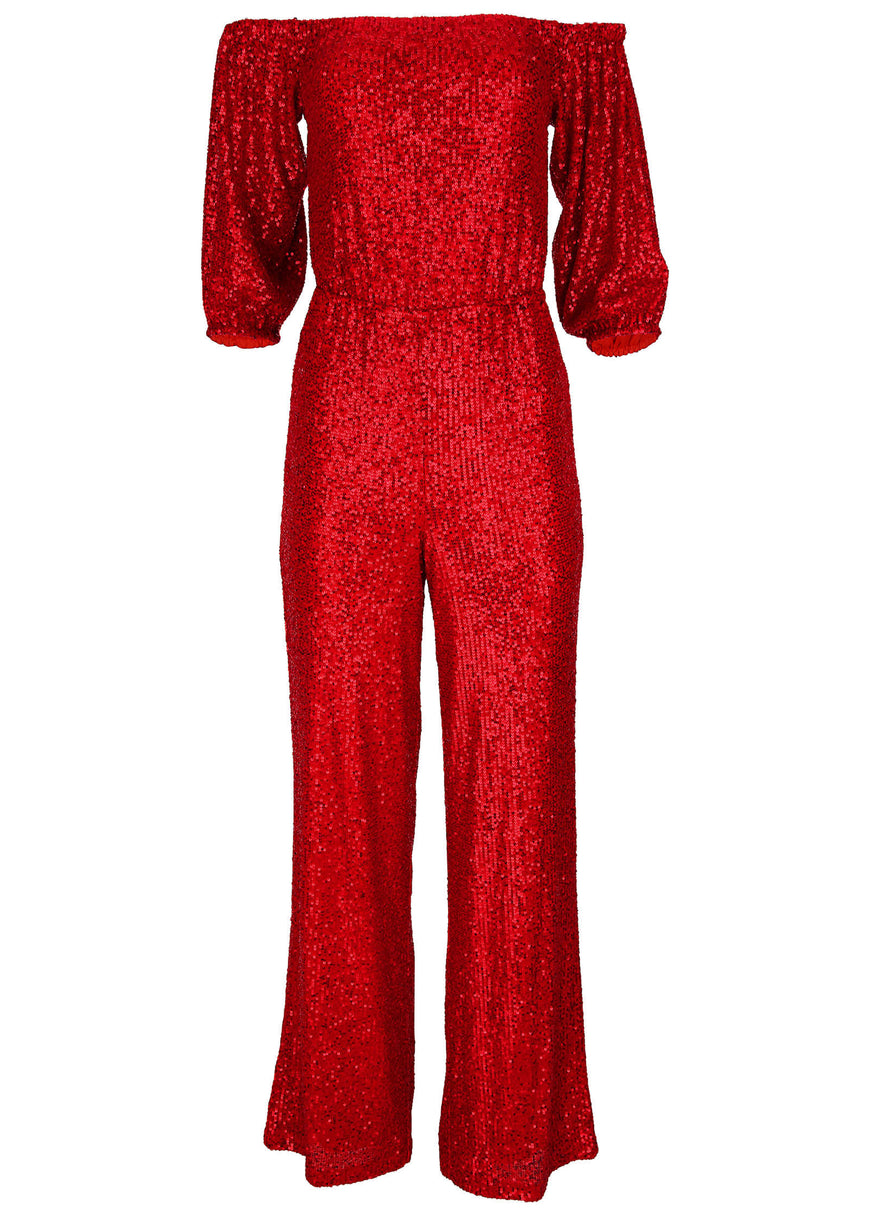 Off-Shoulder Sequin Jumpsuit - Goji Berry