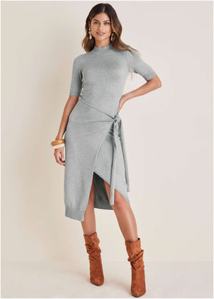 Tie Side Sweater Dress - Light Heather Grey - thumbnail-1