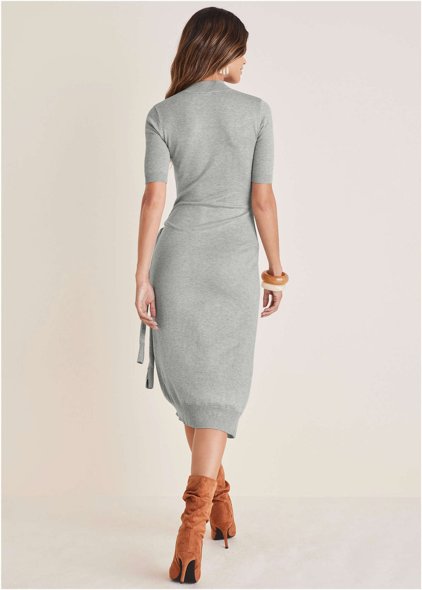 Tie Side Sweater Dress - Light Heather Grey