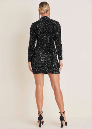 Sequin Velvet Mini Dress - Black - thumbnail-2