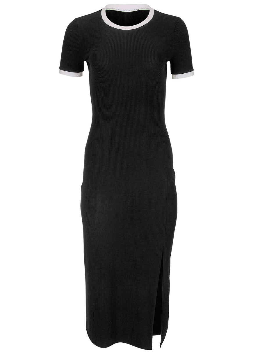 Ribbed Contrast Midi Dress - Jet Black